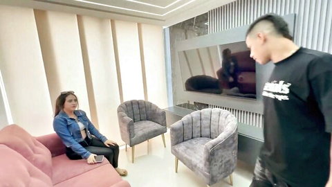 Karolaysexy stepmom in denim jacket sits as stepdad stands ready to punish naughty girl