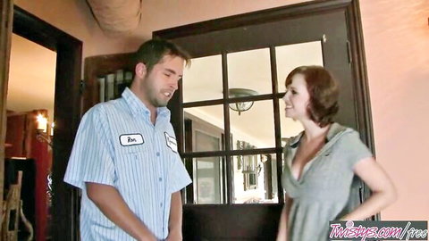 Petite Hayden Winters in cleavage dress greets delivery guy at door