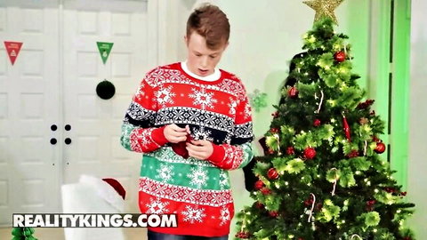 Surprised stepson in Christmas sweater with Anny Aurora, Miss Raquel & Nikki Sweet