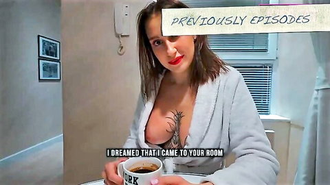 Tattooed stepmom in open robe teases with cleavage while holding coffee