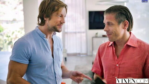 Two handsome men in casual shirts chat intimately indoors - Vixen style