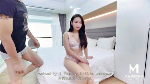 Nervous hot Asian amateur babe in white lingerie with partner
