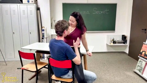 Emma Secret teases with kinky classroom blowjob and facial