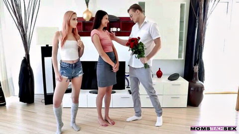 Jenny Wild and Tiny Tina seduced by man with roses, petite Euro babes in casual outfits