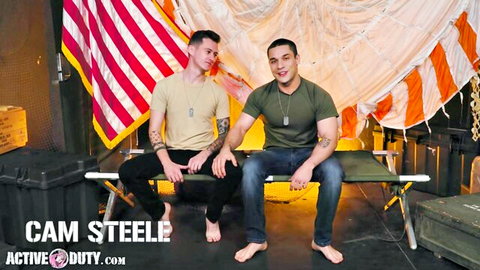 Cam Steel and twink in military-themed gay hookup, barefoot soldiers lounging