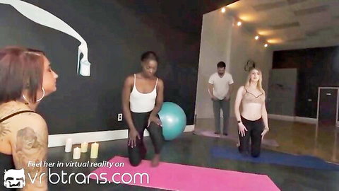 Cherie DeVille, Natasha Nice & busty models in yoga poses for VR sex scene