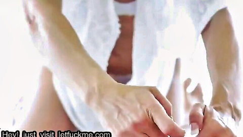 Brandi Love in white robe, teasing closeup on curves and thighs