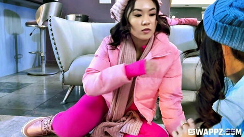 Lulu Chu and Kimmy Kimm in cozy winter outfits, chatting intimately on floor