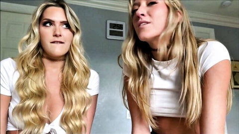 Blonde stepsisters Savvy Suxx and Addison Vodka teasing in low-cut white tops