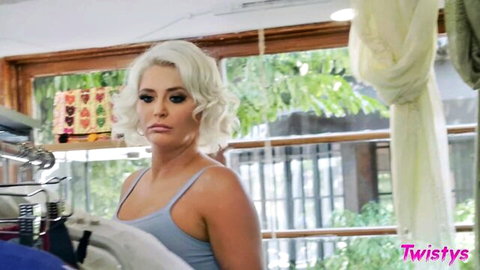 Busty blonde Karissa Shannon in tight blue tank top tease
