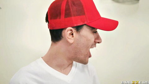 Male housepainter in red cap yells intensely in Brazzers scene with Louise Lee