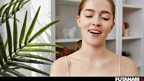 Jia Lissa redhead smiling seductively in pink camisole