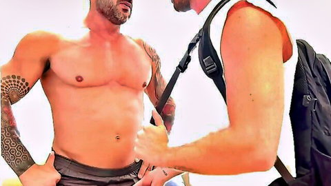 Marcodipietro tattooed muscular man touched by bearded guy in tank top