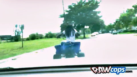 MILF on blue ATV in suburban street, teasing outdoor interracial threesome with BBC