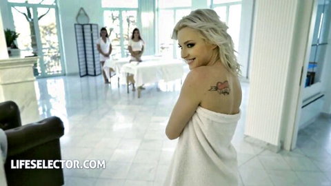 Zazie Skymm in steamy massage foursome with hot blondes in towels