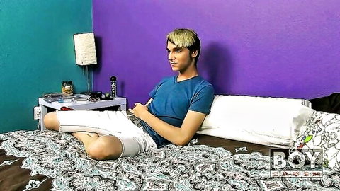 Rany Silva solo dildo play, kinky blonde guy in blue tee and shorts