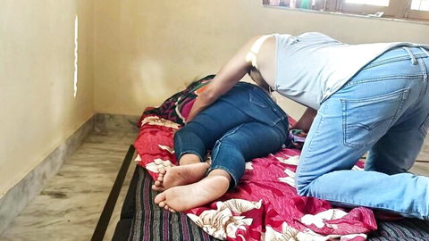 Indian girlfriend in tight jeans, bent over bed for doggy creampie