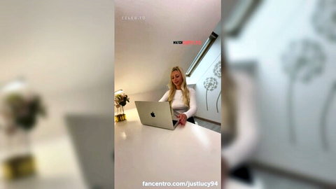 JustLucy blonde teases at desk in white top, solo masturbation preview