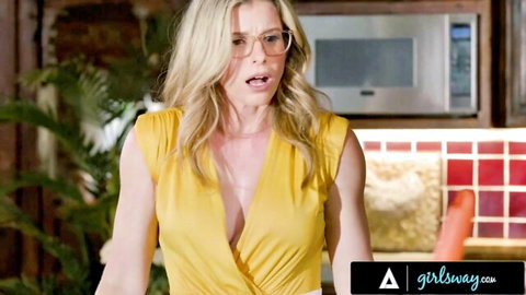 Blonde MILF Cory Chase in low-cut yellow dress, surprised expression
