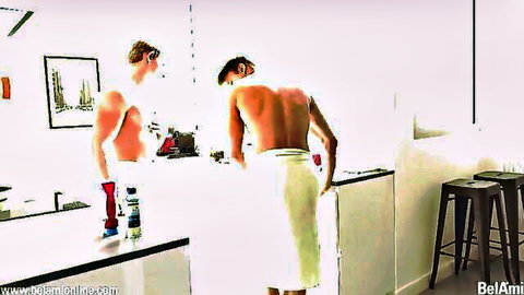 Czech hunk Flipper bent over in towel, muscular back view in steamy bathroom tease