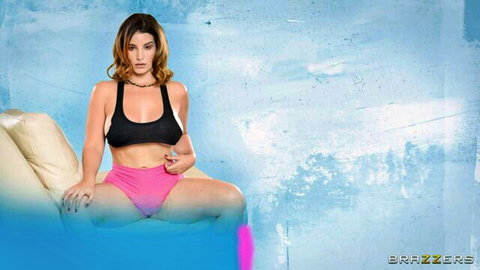 LaSirena69 in seductive pose, black tank top and pink shorts, Brazzers tease