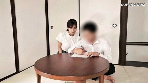 Japanese woman in white tank top sits barefoot with censored man writing at low table in tatami room
