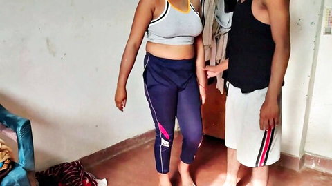 Curvy South Asian woman in sports bra and tight leggings groped by guy in amateur homemade tease