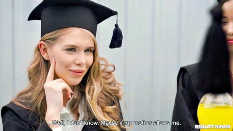 Little Angel in grad gown, thoughtful pose with Asian coed, Reality Kings college tease