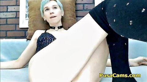Blue hair emo teen with blue eyes in stockings and choker spreading legs