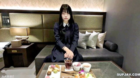 Asian woman in black collared dress sits with tea before rough deepthroat in JAV