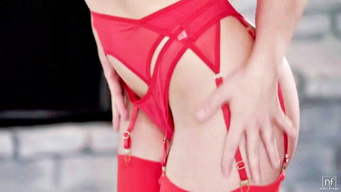 Whitney Wright in sexy red garter belt and stockings tease