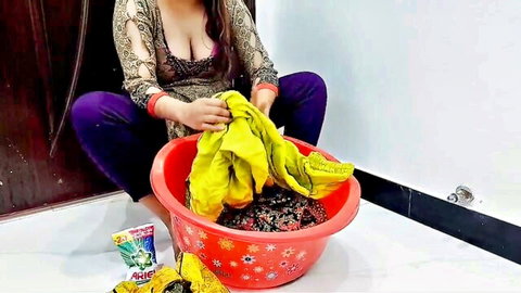 Sobia Nasir washing clothes in sheer top, deep cleavage tease