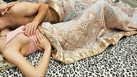 Innocent step sister in pink top shares steamy embrace with shirtless stud on bed