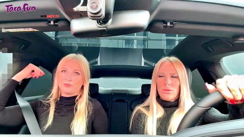 Blonde models Tara Fun and Lara Cumkitten posing in car, teasing for parlor sex