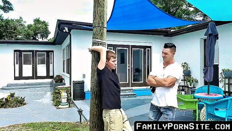 Stepdad eyes young stepson on sunny patio, teasing bareback anal and cumshot