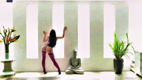 Angela White in purple lingerie, teasing big ass bent over pose