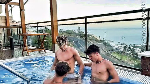 Three muscular young men in hot tub bisexual orgy tease