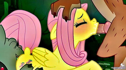 Cartoon Fluttershy pink pony deepthroating thick brown cock with cum dripping from mouth