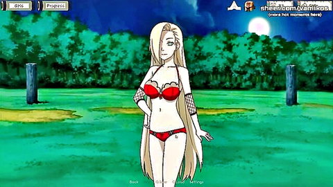 Blonde anime girl Hinata in skimpy red bikini posing seductively in moonlit forest