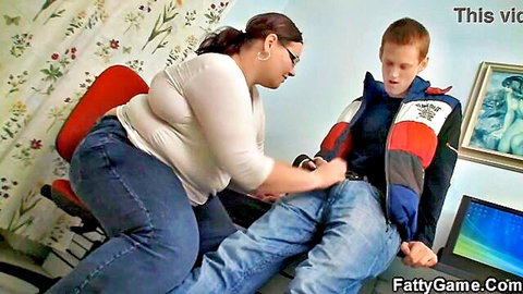 Big belly teacher with glasses seduces young redhead stud