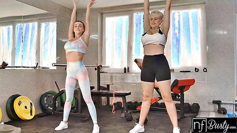 Busty Angel Wicky & Josephine Jackson in sexy gym workout tease