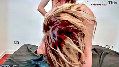 Blonde lesbian in doggy style with strapon penetration and squirting action