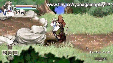 Busty anime girl in white outfit with armored male in hentai game scene