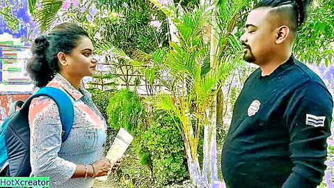 Indian couple in steamy outdoor chat with her big tits in tight top and backpack