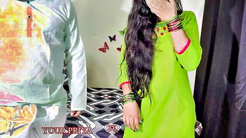Shy Indian beauty Priya in tight green salwar covers face teasing lover in bedroom