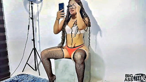 Ebony stepsister in white bra, red thong, black stockings posing seductively