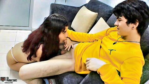 Skinny Latina in panties kneels sucking hard cock on couch homemade blowjob