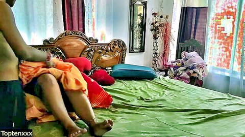 Indian couple in saree foreplay on bed, hot Hindi XXX web series sex