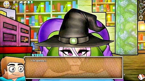 Minecraft parody hentai: swamp witch in hat gives blowjob to Steve in library