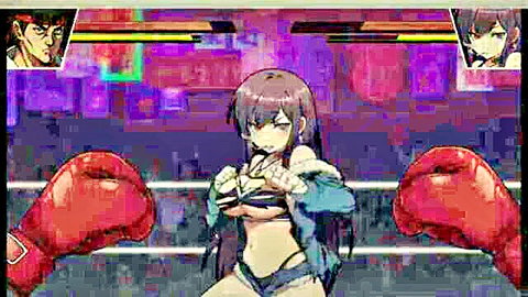 Sexy hentai anime girl boxer in fighting pose with gloves and cleavage